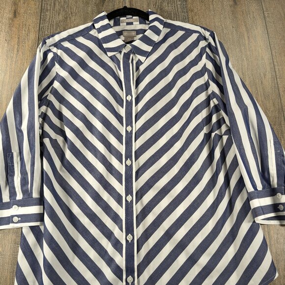 Chicos Top Womens 14 Blue Striped Button Up Non Iron Stain Shield 3/4 Sleeve - Picture 1 of 10